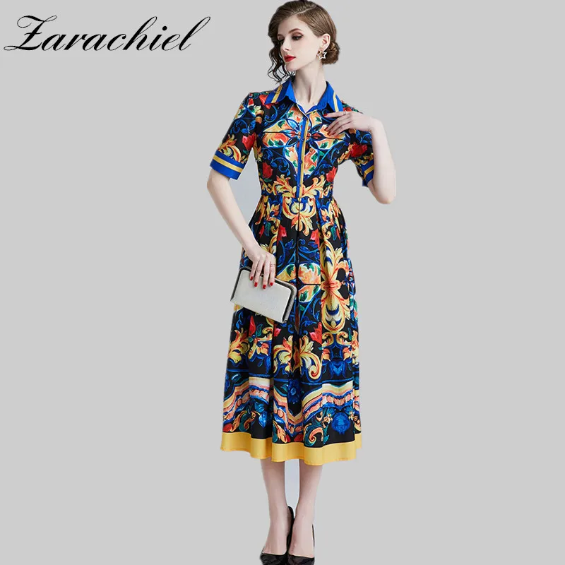 Fashion Designer Summer Dress 2019 Women's Turn Down Collar Short Sleeve Flower Printed Striped Vintage Elegant Long Dress
Fashion Designer Summer Dress 2019 Women's Turn Down Collar Short Sleeve Flower Printed Striped Vintage Elegant Long Dress