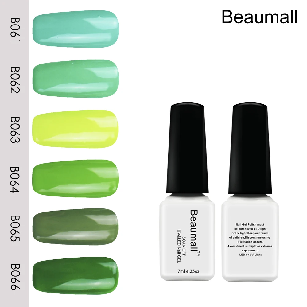 Beaumall Nail Art Gel GREEN Series Colors#B061~B066, 7ml Volume Soak Off UV&LED Gel Lacquers Nail Polishes
Beaumall Nail Art Gel GREEN Series Colors#B061~B066, 7ml Volume Soak Off UV&LED Gel Lacquers Nail Polishes