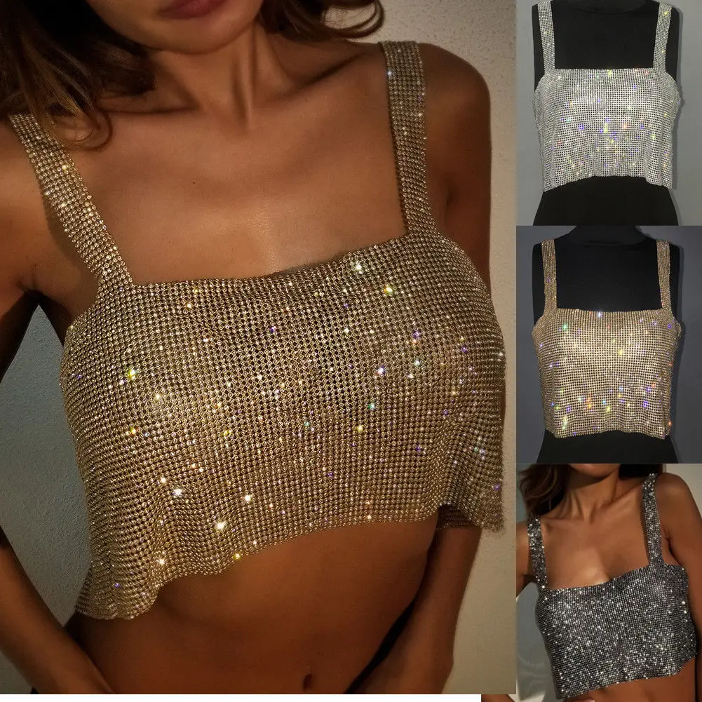

Sexy Women's Crystal Tanks Halter Body Chain Shiny Sparkle Cami Crop Top Clubwear Vest Back Split Rhinestone Chain Sling Tube