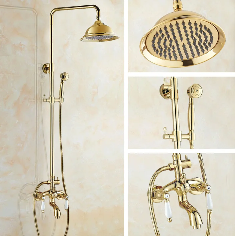 Luxury Polished Gold Color Brass Dual Ceramic Handles Levers Bathroom Round Rainfall Shower Faucet Set Bath Tub Mixer Tap mgf423
Luxury Polished Gold Color Brass Dual Ceramic Handles Levers Bathroom Round Rainfall Shower Faucet Set Bath Tub Mixer Tap mgf423