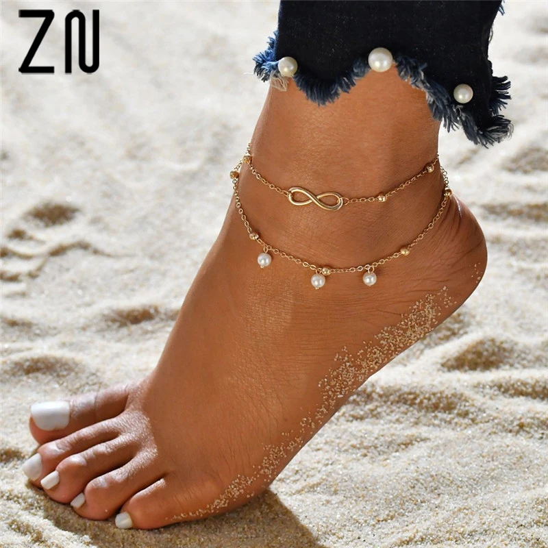 

ZN Fashion Hot Imitation Pearl 8 Character Anklet Jewelry Handmade Beaded Double Anklet Bracelet For Women Gift