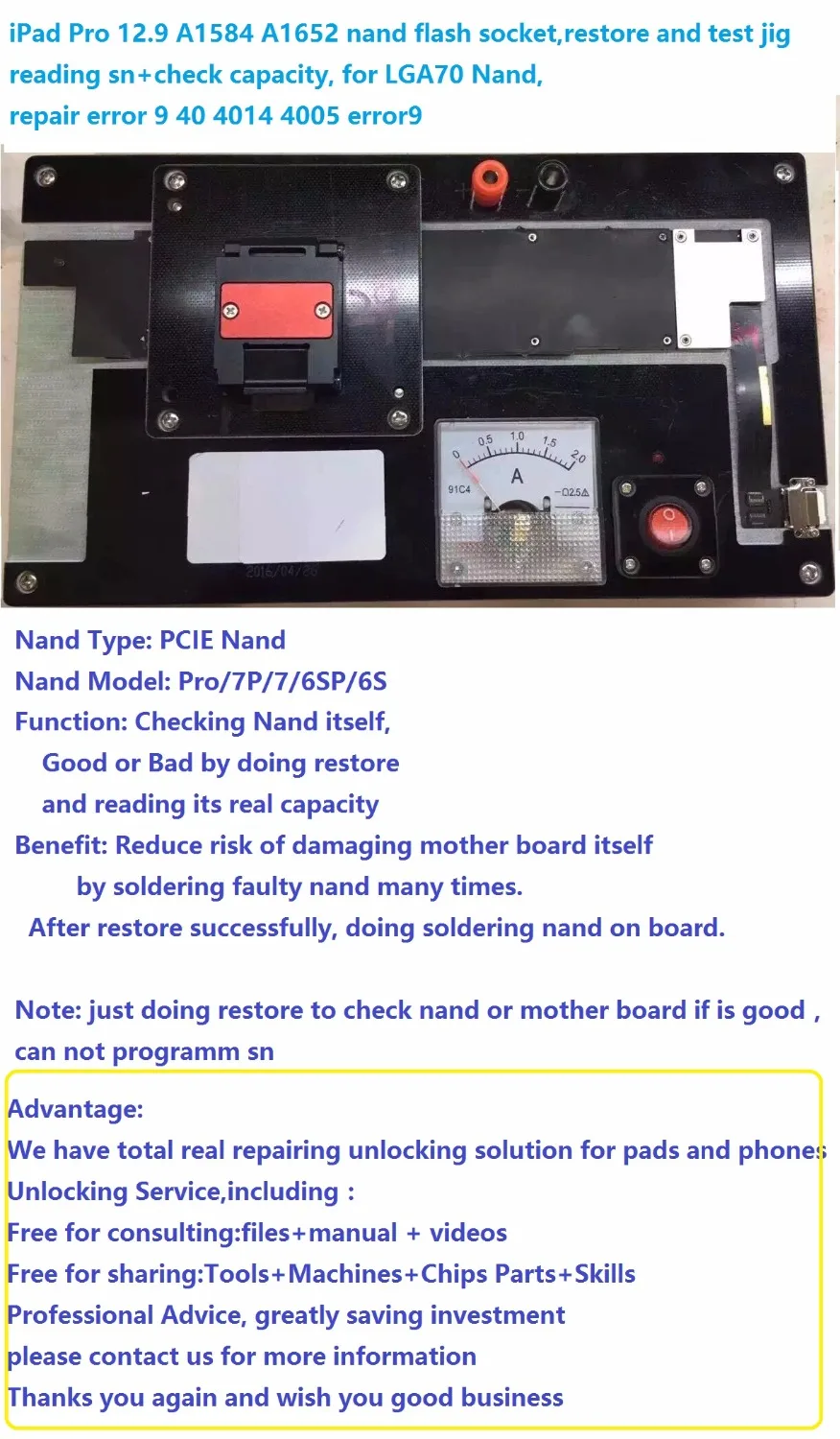 iPad Pro 12.9 A1584 A1652 nand flash socket,restore test jig reading sn+check capacity, LGA70 Nand,repair error 9 40
iPad Pro 12.9 A1584 A1652 nand flash socket,restore test jig reading sn+check capacity, LGA70 Nand,repair error 9 40
