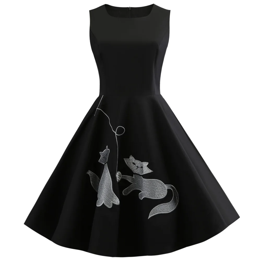Joineles Cute Cat Embroidery Black Vintage Dress O Neck Sleeveless Summer Women Retro Dress Vestidos de festa Office Party Dress
Joineles Cute Cat Embroidery Black Vintage Dress O Neck Sleeveless Summer Women Retro Dress Vestidos de festa Office Party Dress