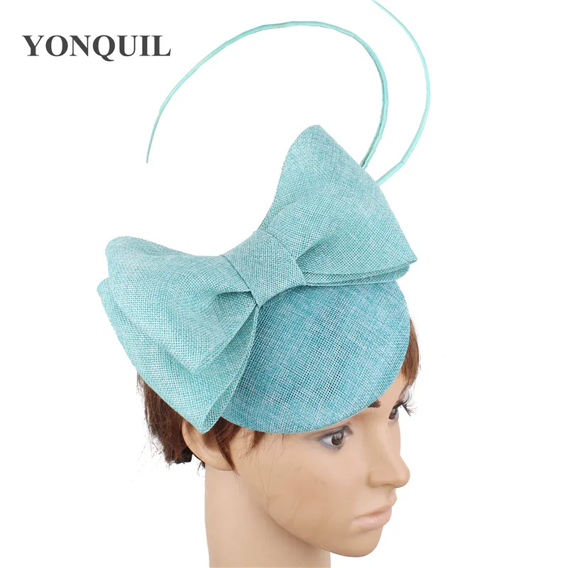 

Lady bowknot adorn hat ostrich quill feather Fascinator base elegant women imitation linen millinery hair accessories headband