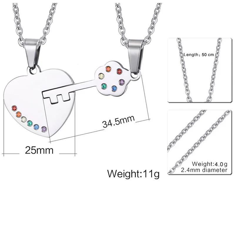 "Key to Heart" Rainbow Crystal Couple Pendant Necklace for Gay Lesbian