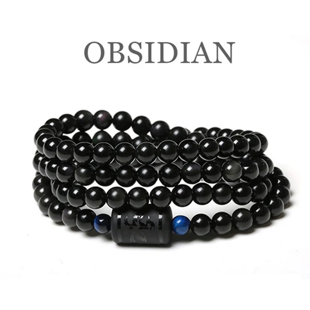 Bracelet superposé en pierre d'oeil de tigre bleu et perles d'obsidienne, bracelet de chance de transfert de bouddhisme, bracelet de distance de yoga de couple d'amoureux 1