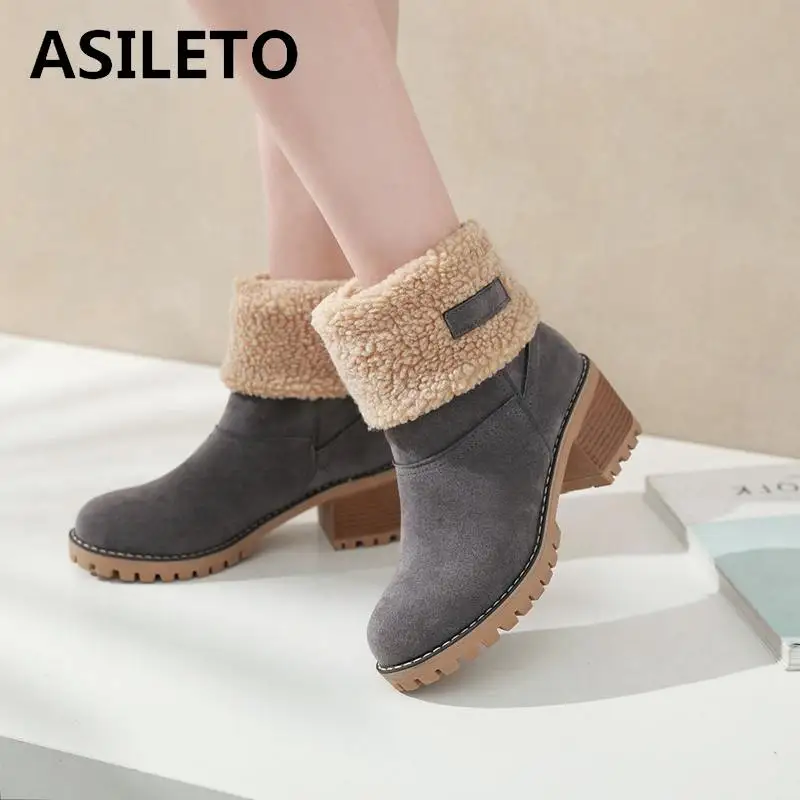 

ASILETO Women Boots Female Winter Shoes Woman Fur Warm Snow Boots Square heels bottines Ankle Boots platform botas mujer B675