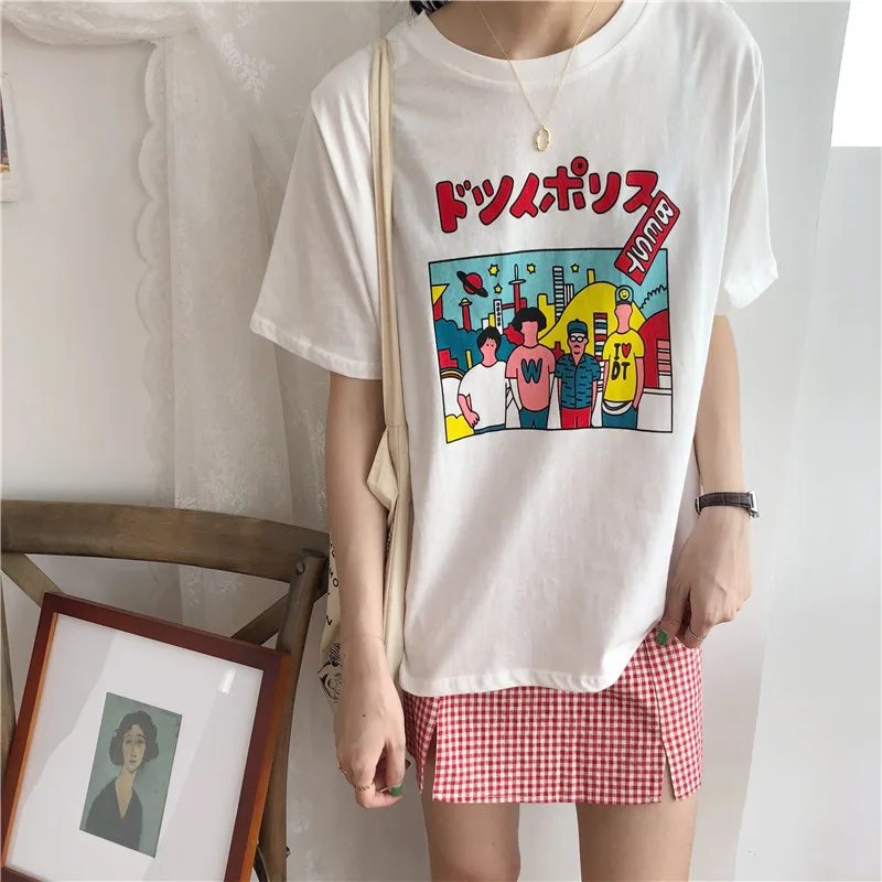 Korea ulzzang short-sleeved female shirt Harajuku bf funny O-neck summer tops Japanese cartoo Korean casual loose size shirt
Korea ulzzang short-sleeved female shirt Harajuku bf funny O-neck summer tops Japanese cartoo Korean casual loose size shirt