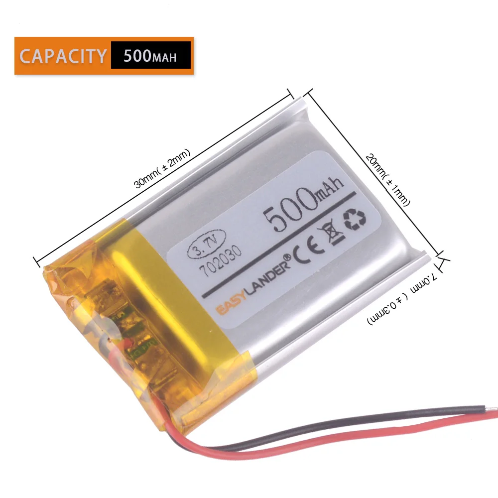 3.7V 500mAh 702030 Lithium Polymer Li ion Rechargeable Battery For DIY Mp3 MP4 MP5 GPS PSP bluetooth electronic part Video games
3.7V 500mAh 702030 Lithium Polymer Li ion Rechargeable Battery For DIY Mp3 MP4 MP5 GPS PSP bluetooth electronic part Video games