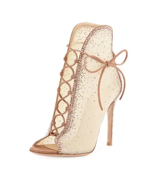 Elegant Beige Lace Crystal Embellished Ankle Boots Deep V Style Women Lace-up Open Toe Stiletto Heels Mesh Tie-up Ankle Boots
Elegant Beige Lace Crystal Embellished Ankle Boots Deep V Style Women Lace-up Open Toe Stiletto Heels Mesh Tie-up Ankle Boots