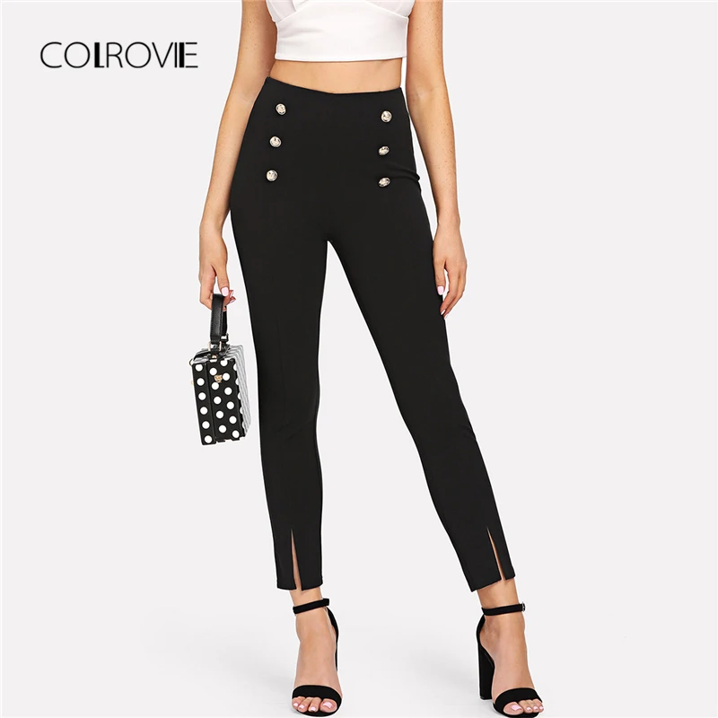 

COLROVIE Black Button Embellished Slit Hem Office Lady Pants 2018 Autumn Solid High Waist Skinny Highstreet Women Trousers Pants