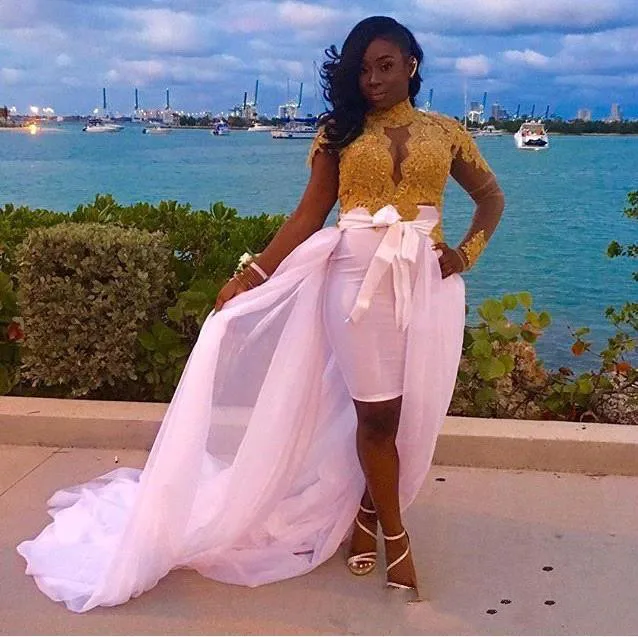 White African Evening Dresses With Detachable Train Plus Size Gold Lace Prom Dress For Black Grils High Neck Graduation Gown
White African Evening Dresses With Detachable Train Plus Size Gold Lace Prom Dress For Black Grils High Neck Graduation Gown