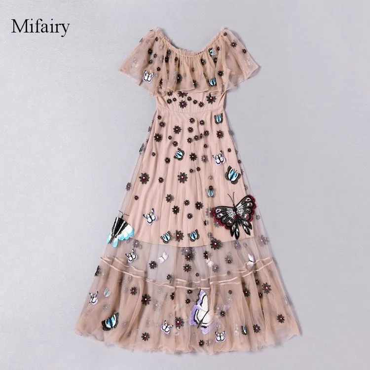 Runway Dresses 2018 Spring And Summer Boat Neck Sheer Mesh Butterfly Embroidery Long Women Dress High End Vestidos De Festa 
Runway Dresses 2018 Spring And Summer Boat Neck Sheer Mesh Butterfly Embroidery Long Women Dress High End Vestidos De Festa