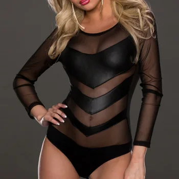 Black Mesh Patchwork Sexy Transparent Summer Women Bodysuit Long Sleeve O-Neck Vinyl Leather Skinny Catsuit Body Suit For Women
Black Mesh Patchwork Sexy Transparent Summer Women Bodysuit Long Sleeve O-Neck Vinyl Leather Skinny Catsuit Body Suit For Women