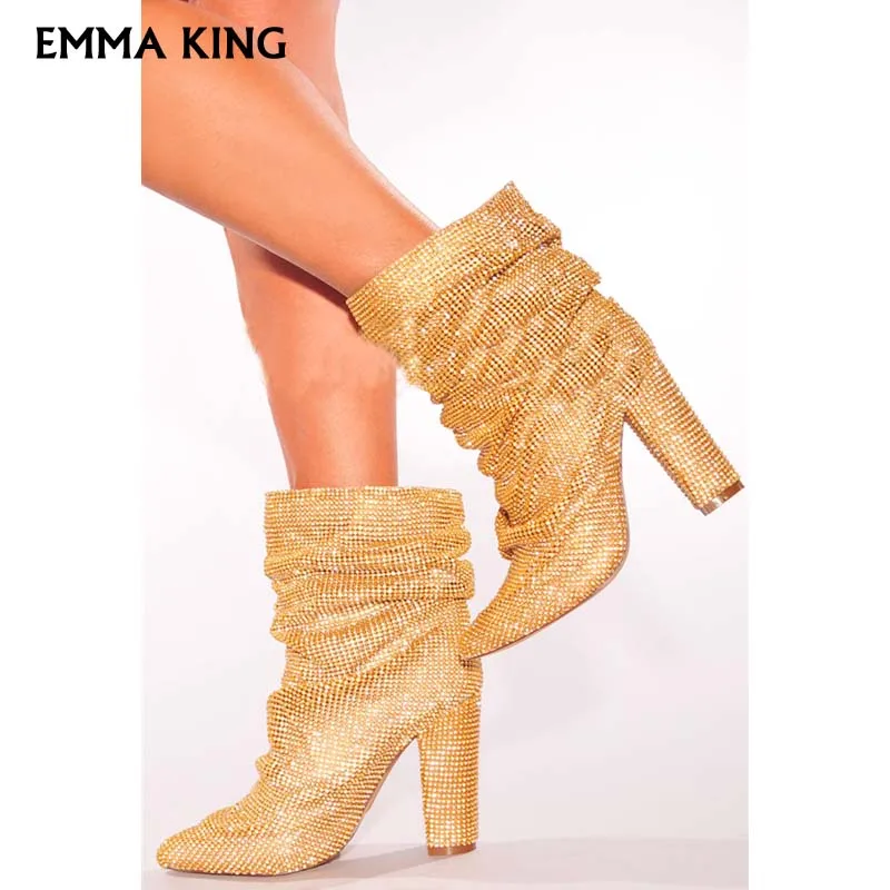 2019 Spring Sexy Gold Rhinestone Ruched Point Toe Ankle Boots Heel Height 10cm Fashion Thick heel Ladies Shoes Party Shoes Woman
2019 Spring Sexy Gold Rhinestone Ruched Point Toe Ankle Boots Heel Height 10cm Fashion Thick heel Ladies Shoes Party Shoes Woman
