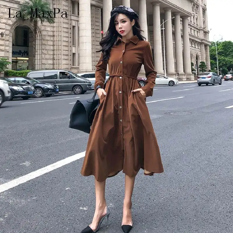 2019 Korean Autumn Spring Women Long Dress Turn-Down Collar Office Lady Corduroy Vestido Elegant Vintage Sashes Midi Shirt Dress
2019 Korean Autumn Spring Women Long Dress Turn-Down Collar Office Lady Corduroy Vestido Elegant Vintage Sashes Midi Shirt Dress