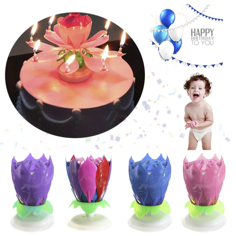 Romantic Birthday Candle 14 Musical Spinning Lotus Flower Candles Rotating Party Festival Gift Light Pink/Blue/Purple/Colorful |