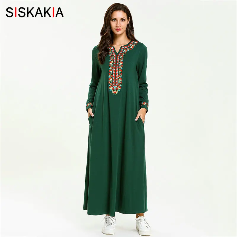 Siskakia Solid Ethnic Long Dress Green Plus Size Floral Embroidery Maxi Dresses Swing Round Neck Long Sleeve Casual Ramadan Robe
Siskakia Solid Ethnic Long Dress Green Plus Size Floral Embroidery Maxi Dresses Swing Round Neck Long Sleeve Casual Ramadan Robe