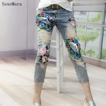 New Fashion Stereo flower Bronzing Nail bead Boyfriend Women Hole Jeans Female Denim Pencil Pants Vintage Pantalones Vaqueros
New Fashion Stereo flower Bronzing Nail bead Boyfriend Women Hole Jeans Female Denim Pencil Pants Vintage Pantalones Vaqueros