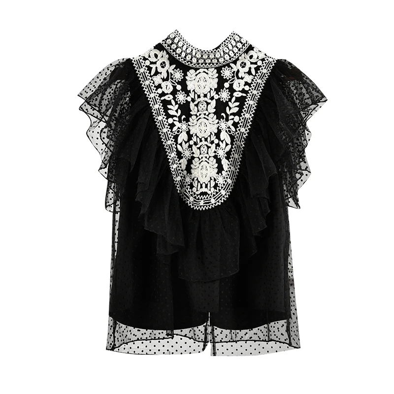 Designer Luxury Shirts for Women Ruffles Embroidered Flowers Black Mesh Lace Polka Dot Sleeveless Chiffon Blouse Tops Black
Designer Luxury Shirts for Women Ruffles Embroidered Flowers Black Mesh Lace Polka Dot Sleeveless Chiffon Blouse Tops Black