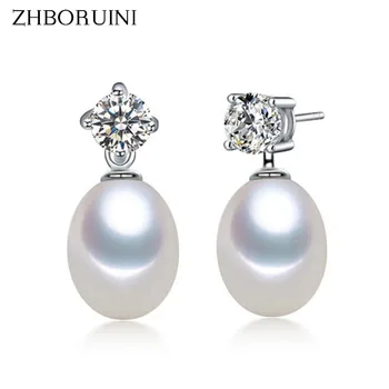 

ZHBORUINI Fashion Earrings Natural Freshwater Pearl AAA Zircon 925 Sterling Silver Jewelry 8-9mm Water Drop Pearl Earring Friend