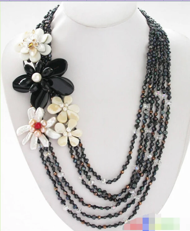 Charming 6row 25" black baroque pearl faceted crystal agate/shell flower design necklace
Charming 6row 25" black baroque pearl faceted crystal agate/shell flower design necklace