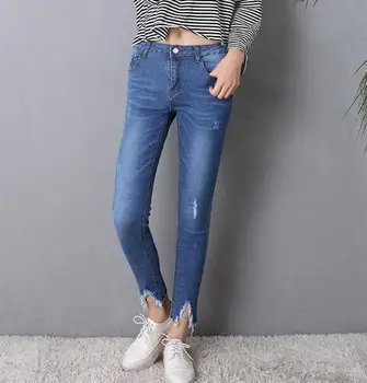 

New Hot Fashion Ladies Cotton Denim Pants Stretch Womens Bleach Ripped Knees Skinny Jeans Denim Jeans For Female
