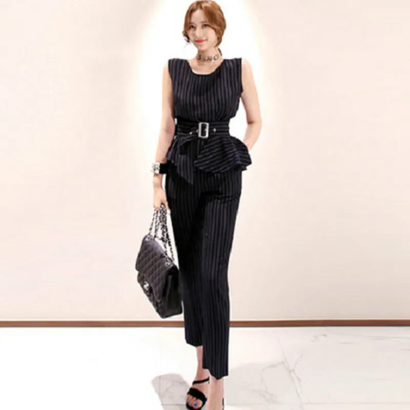 Women Sleeveless Sashes Top Long Pant 3 Piece Women Clothing Office Striped Sets
Women Sleeveless Sashes Top Long Pant 3 Piece Women Clothing Office Striped Sets