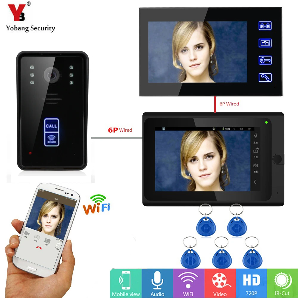 Фото Yobang Security Wireless Video Door Phone Wifi 7 Inch Monitor RFID Visual Home Intercom 1 Camera 2 APP Control | Безопасность и