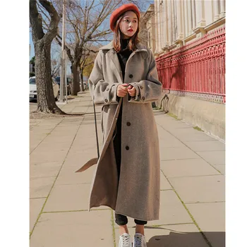 Women Long Woolen Coat 2019 Winter Outerwear Over the knee Herringbone pattern Jacket Single Button Warm Wool Windbreaker W381