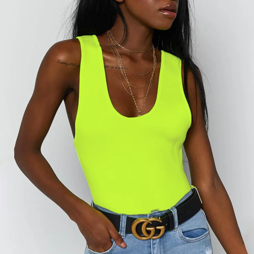 

High quality neon green sexy high waist backless tank top solid color fluorescent rompers womens jumpsuit fashion spring and su
