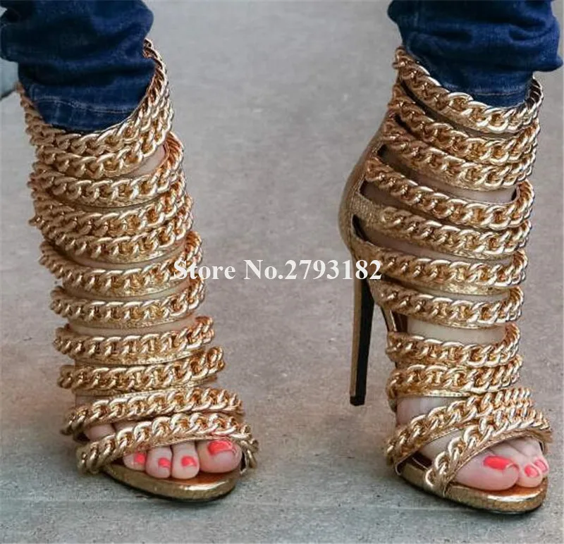 Women Luxurious Fashion Open Toe Gold Chains Decorated Stiletto Heel Gladiator Sandals Zipper-up Gold Black High Heel Sandals
Women Luxurious Fashion Open Toe Gold Chains Decorated Stiletto Heel Gladiator Sandals Zipper-up Gold Black High Heel Sandals