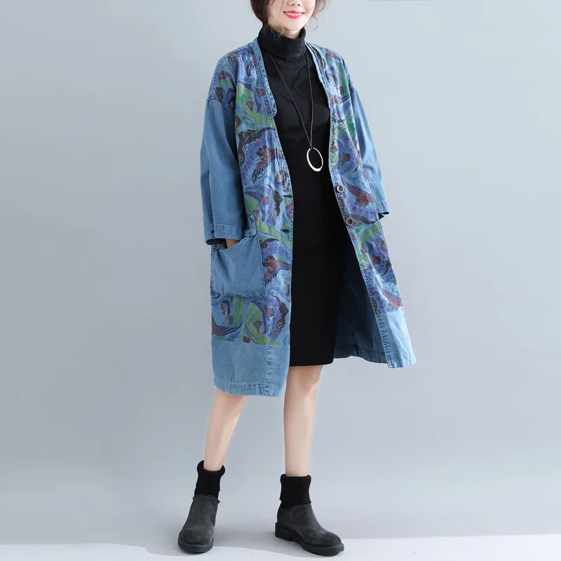 Women Printed Retro Denim Trench Coat Outwear Ladies Vintage Print Plus Size Overcoat Female Denim Coat 2018 Autumn
Women Printed Retro Denim Trench Coat Outwear Ladies Vintage Print Plus Size Overcoat Female Denim Coat 2018 Autumn
