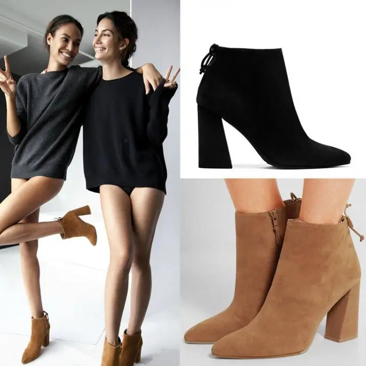 New Designer Black Tan Suede Leather Ankle Bootie High Heel Pointy toe Side zip Back-Tie Block-Heel Bootie For Women