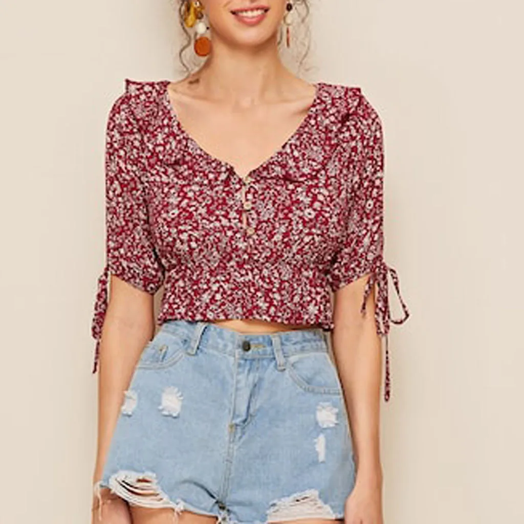 Feitong Women's Printed V Neck Casual Blouse Fashion Womens V-Neck Ditsy Floral Print Ruffle Hem Knot Cuff Crop Blouse Tops 
Feitong Women's Printed V Neck Casual Blouse Fashion Womens V-Neck Ditsy Floral Print Ruffle Hem Knot Cuff Crop Blouse Tops