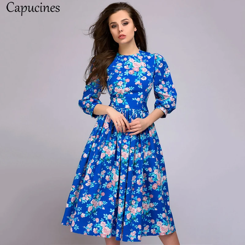 Fashion Floral Printed Lantern Sleeve Dress Women Summer 3/4 Sleeves Sashes O-Neck Knee-length Dress Elegant Blue Party Dresses 
Fashion Floral Printed Lantern Sleeve Dress Women Summer 3/4 Sleeves Sashes O-Neck Knee-length Dress Elegant Blue Party Dresses