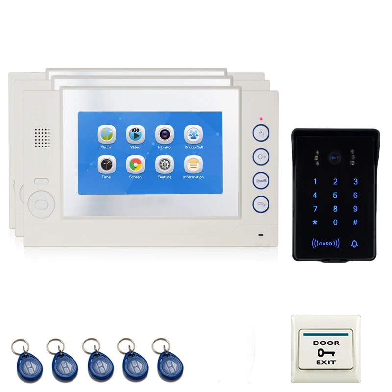 

JEX 7 inch LCD Video Door Phone Intercom system Kit 3 Voice/Video Record Monitor +700TVL Waterproof Password Keypad RFID Camera