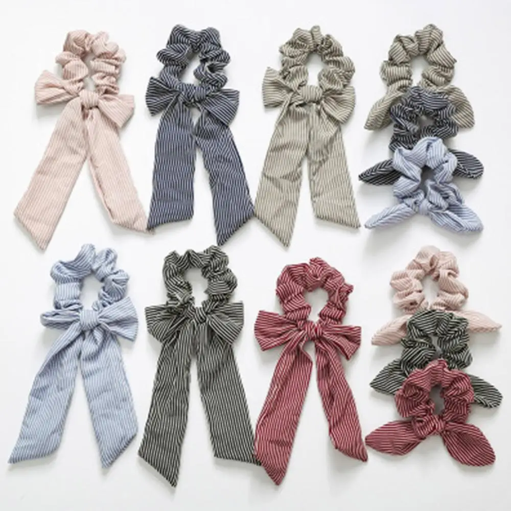 CN Fashion Stripe Printed Bow Hair Scrunchies For Women Girls Ponytail Holder Elastic Ties Rope Ribbon Bands Accessori |