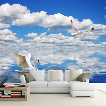 

Custom 3D Photo Wallpaper HD Swan Seagull Blue Sky And White Clouds Sea Sofa TV Backdrop Wall Mural Wallpaper Papel De Parede 3D