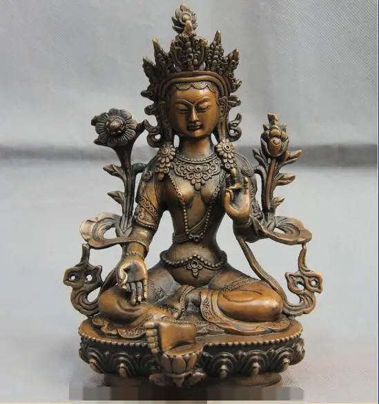 

S6224 8 Tibet Bronze Copper God Green Tara Kwan-yin Guanyin Bodhisattva Buddha Statue D0317