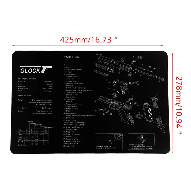 Glock Gun Cleaning Rubber Mat 17x11 Waterproof Non-Slip Cleaning Mat with Parts Diagram and Instructions Armorers Bench Mat (3)