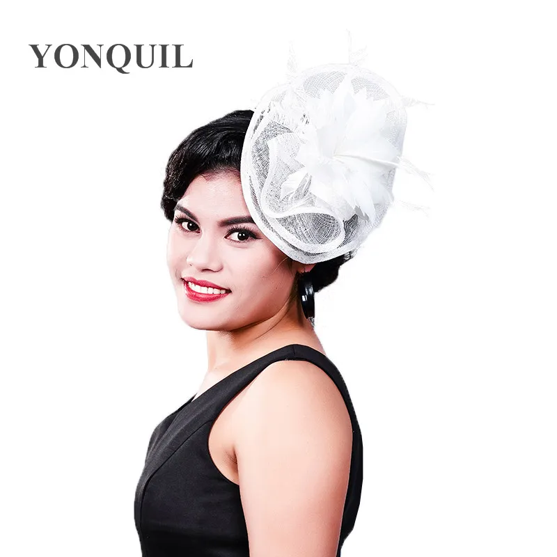 

Ladies Fancy Races White Wedding Hats And Fascinators Feather Hair Accessories Women Party Tocados Sombreros Bodas Sinamay Hats