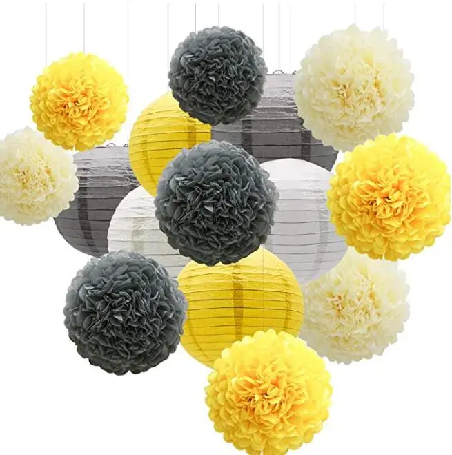 

15pcs Party Decorations Set, Yellow Gray White Paper Flowers Pom Poms Balls and Lanterns for Wedding Birthday Bridal Baby Shower