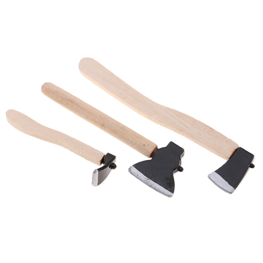 3pcs Wooden Metal Hatchet Axe Set for 1:12 Dollhouse Miniature Fairy Garden Tools