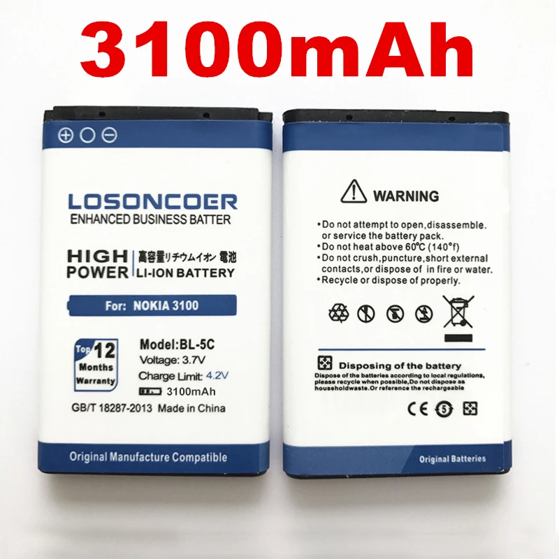 100% Original LOSONCOER 3100mAh BL-5C Battery for Nokia1100 6600 6230 C2-06 X2-01 6230i 1108 1112 1116 1200 1208 1209 N70 N71
100% Original LOSONCOER 3100mAh BL-5C Battery for Nokia1100 6600 6230 C2-06 X2-01 6230i 1108 1112 1116 1200 1208 1209 N70 N71