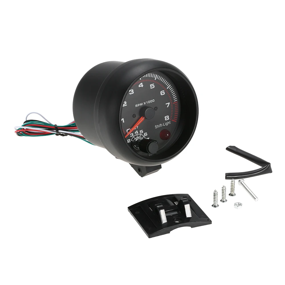 

3.75" Car Universal Black Tachometer Gauge White Inter Shift light 0-8000 RPM