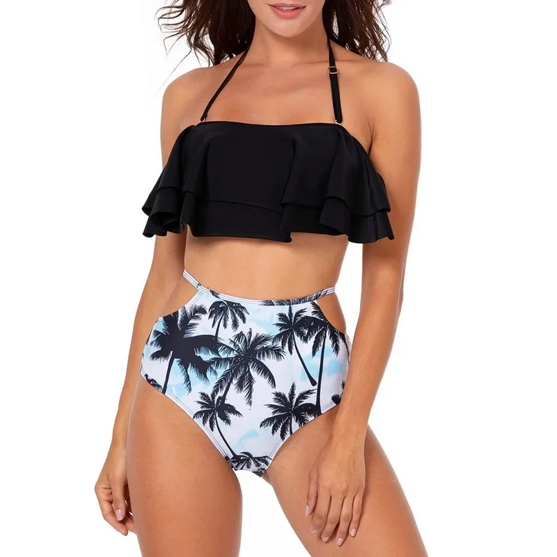 

Vertvie 2019 Women Two Pieces Swimsuits Ruffled Printing Swimwear High Waisted Bottom Bikinis Strappy Tummy Control Bathing Suit