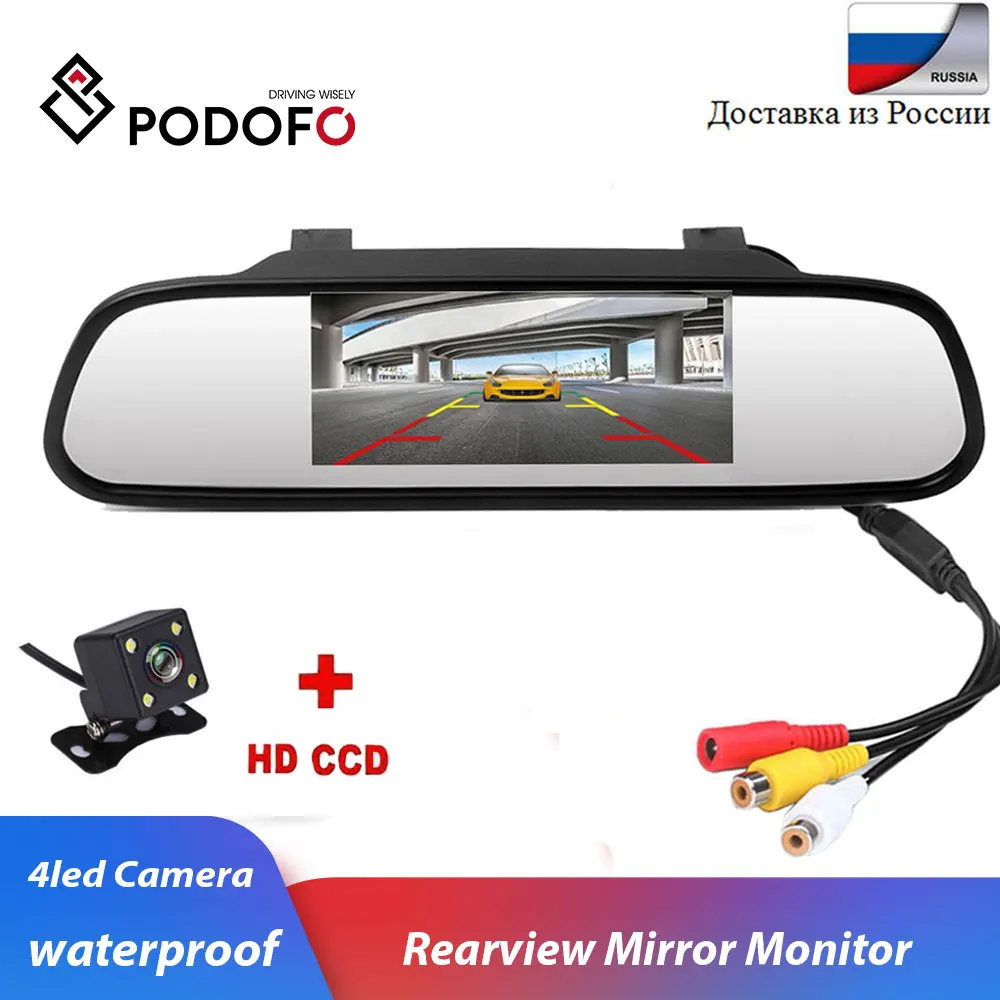 Podofo 4 3 "Автомобильный зеркальный монитор заднего вида камера TFT CCD Видео Авто