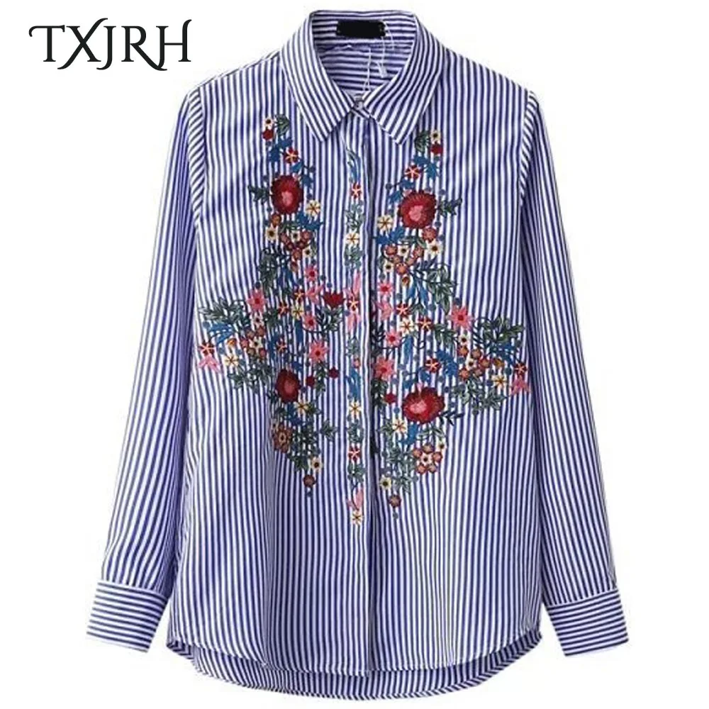 TXJRH Trendy Ethnic Striped Colorful Flowers Embroidery Turn-down Collar Women Shirt Long Sleeve Single-breasted Blouse Tops New
TXJRH Trendy Ethnic Striped Colorful Flowers Embroidery Turn-down Collar Women Shirt Long Sleeve Single-breasted Blouse Tops New