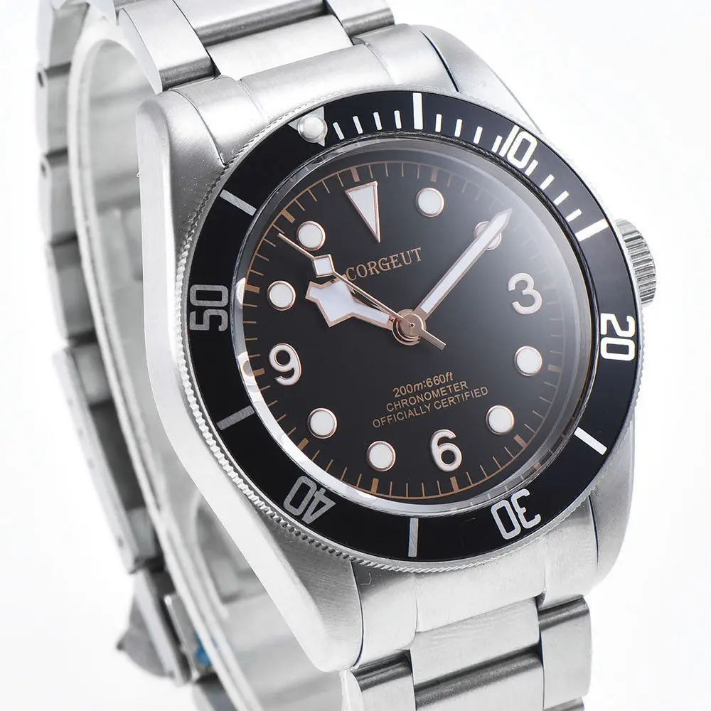 41mm Corgeut black dial rose gold rim hands sapphire glass MIYOTA Automatic Men's watch Black insert Bezel Stainless Steel band
41mm Corgeut black dial rose gold rim hands sapphire glass MIYOTA Automatic Men's watch Black insert Bezel Stainless Steel band